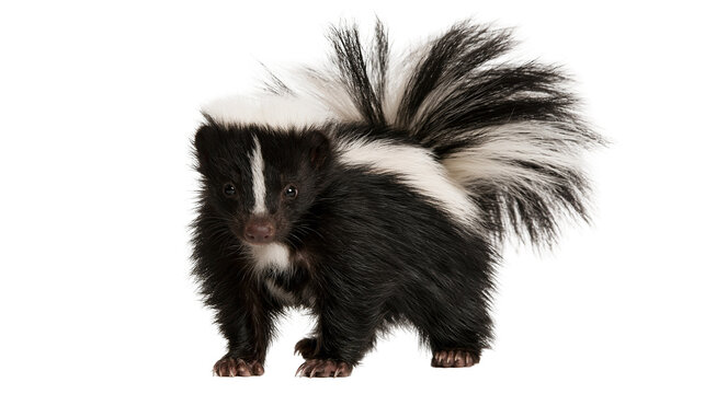 Fluffy striped skunk standing with black and white fur
