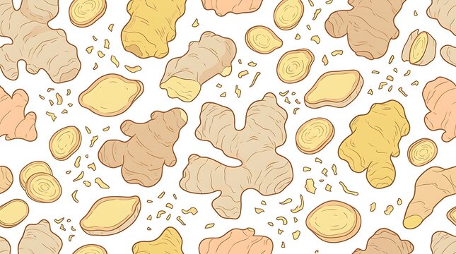 Ginger Root and Slices Pattern on White Background.