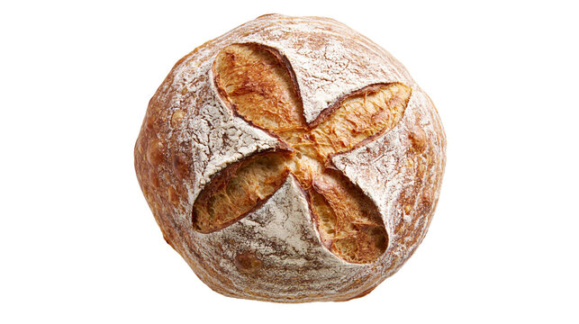 Round crusty sourdough loaf with flour dusting and cross score pattern