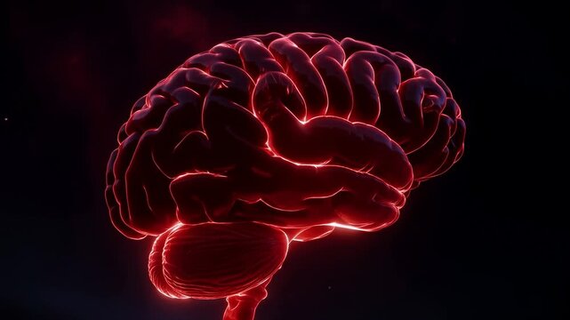 Glowing red anatomical human brain rotates slowly against a dark digital background. Neuroscience education, medical training, and neurology presentations.