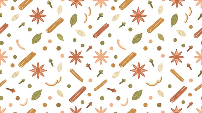 Seamless Pattern with Aromatic Spices and Herbs on White Background.