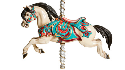 Ornate cream carousel horse with teal and red saddle on a silver twisted pole © Isolde