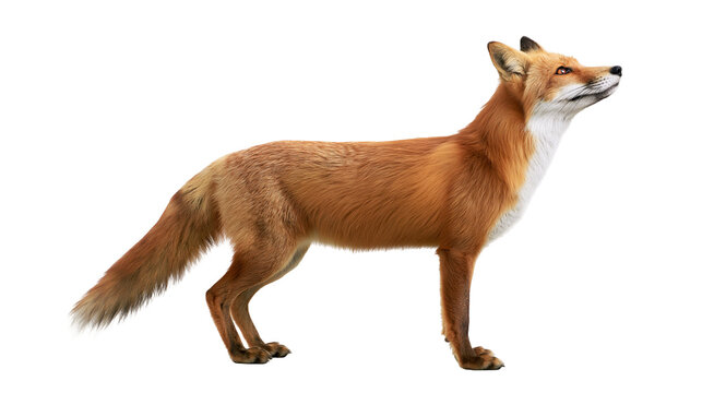 Red fox standing with alert posture and fluffy tail