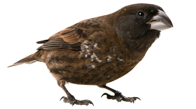 Small brown finch bird with dark head and thick grey beak standing in profile