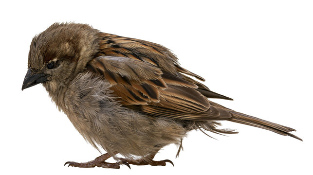 Small brown house sparrow bird with detailed feathers and black beak