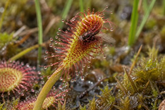 Sundew leaf curling around an insect caught in sticky droplets