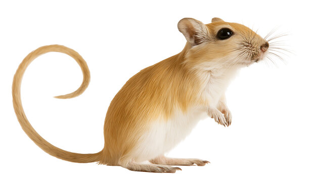 Small brown and white gerbil standing on hind legs with long curled tail