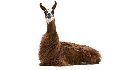 Brown and white furry llama sitting down looking at camera © Lubos