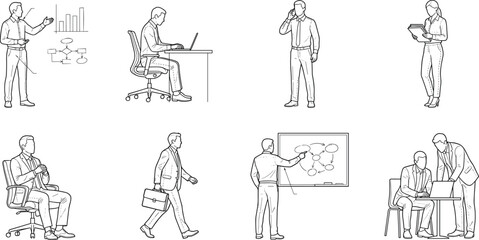 Obraz premium Business Professionals Line Art Illustrations of Office Work, Presentations, and Corporate Collaboration