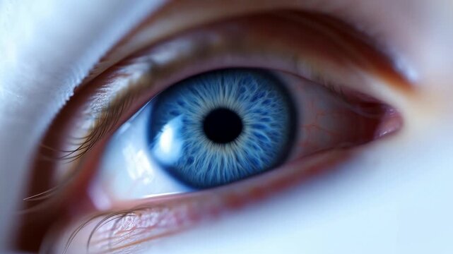 Extreme close-up of a blue human eye gazing toward the camera with detailed iris and corneal reflection. Eye care advertising, optometry services, and ophthalmology education.