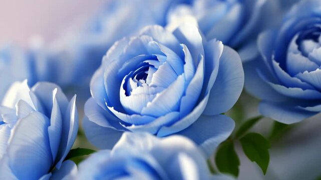 Blue and white ranunculus flowers gently sway in a close-up garden setting with soft background blur. Wedding invitations, floral design advertising, and romantic greeting cards.