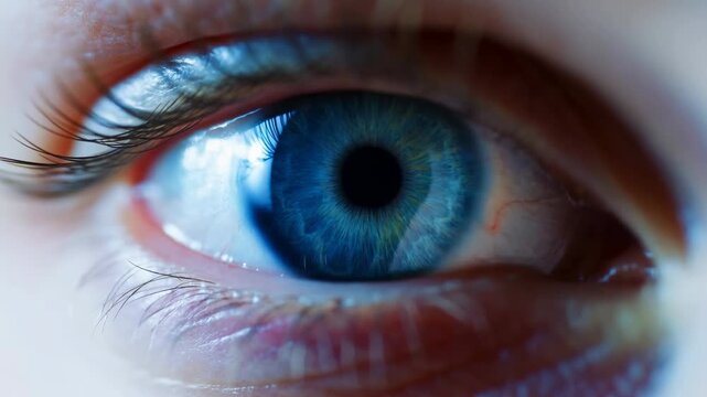 Extreme close-up of a blue human eye with detailed iris fibers and subtle pupil movement. Eye care advertising, optometry services, and ophthalmology education.