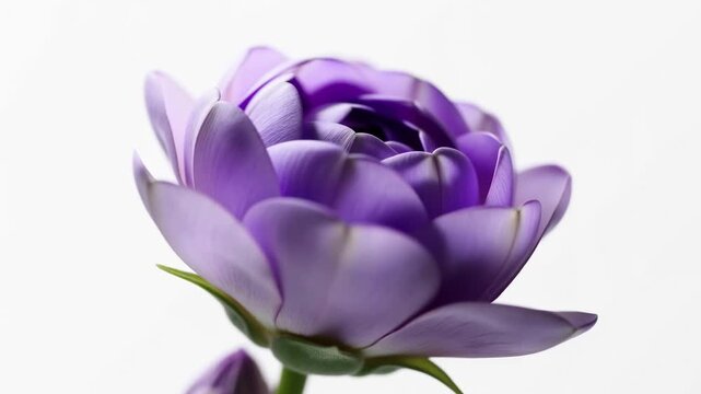 Purple flower blooming gradually in close-up against a plain white background. Nature documentaries, botanical education, and floral advertising.
