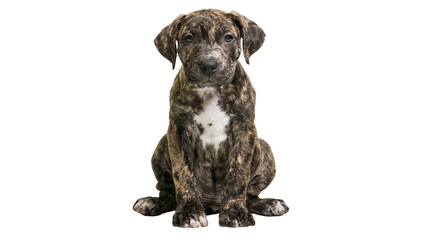 Obraz premium Brindle pit bull puppy with white chest patch sitting and looking forward