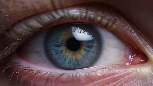Human eye opening in extreme close-up, revealing a blue-green iris, pupil, eyelashes, and reflected light. Eye care advertising, optometry services, and ophthalmology education.