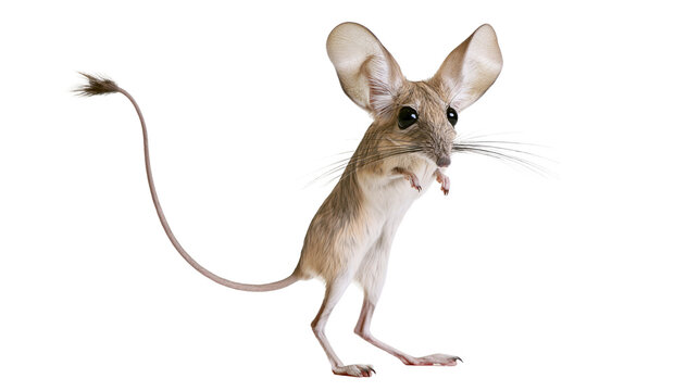 Lesser Egyptian jerboa standing on hind legs with large ears and long tail