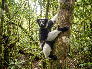 Fototapeta premium Rare Indri Lemur Clinging to a Mossy Tree Trunk Amidst the Lush Rainforest Canopy of Andasibe in Madagascar