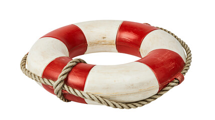 Red and white striped circular lifebuoy with wrapped textured rope © Lubos