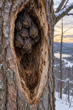 Bats roosting together in a hollow tree during winter