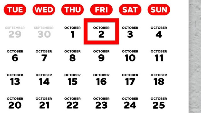 Red cursor highlighting October 2nd on a 2026 wall calendar page. European calendar style, Monday start week layout