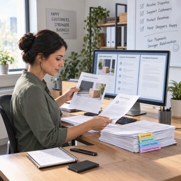Office worker comparing customer documents at a computer