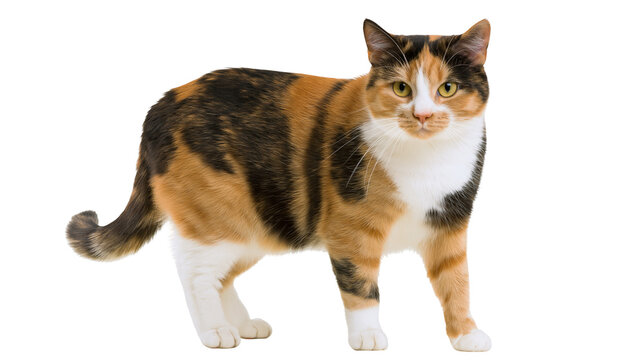 Calico cat with orange black and white fur standing and looking forward