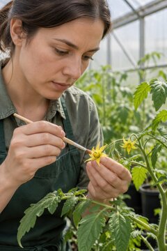 Gardener pollinating a yellow tomato flower with a brush