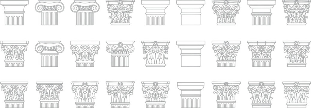 pillar Set of classical architectural column capitals vector illustration with Doric, Ionic, and Corinthian styles in outline style for ancient design elements