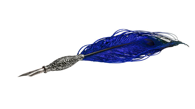 Ornate silver quill pen with vibrant blue peacock feather plume