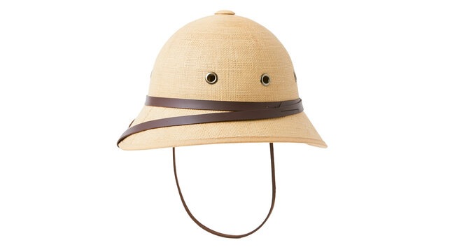 Beige woven straw pith helmet with brown leather chin strap and metal eyelets