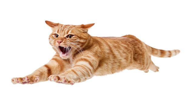 Aggressive ginger tabby cat pouncing with claws extended and mouth open