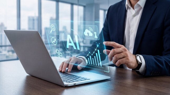 AI Concept, Businessman Interacting With Software, Artificial Intelligence Hologram, Cloud Computing, Big Data, Technology, Innovation, Future, Analysis, Virtual Interface