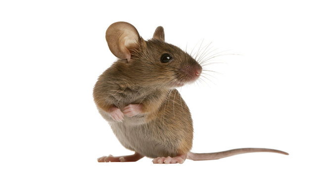 Small brown house mouse standing on hind legs with long tail and whiskers