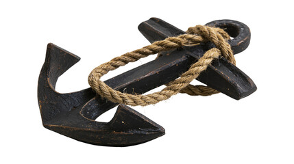 Rustic black metal ship anchor wrapped with thick natural fiber nautical rope © Lubos