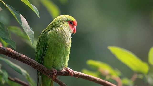 Green parrot perched on a branch.