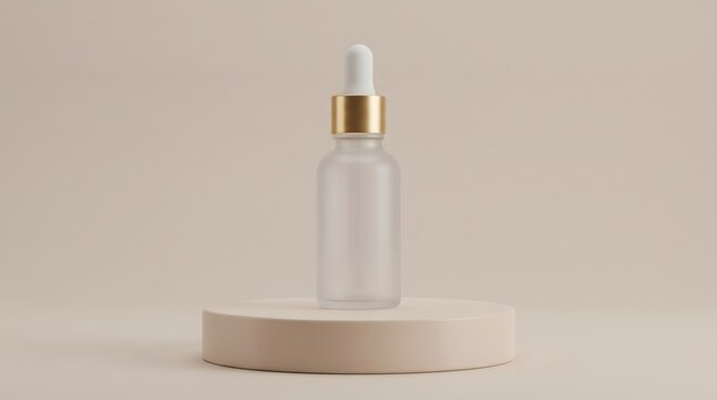 Cosmetic dropper bottle mockup standing on wooden podium stand