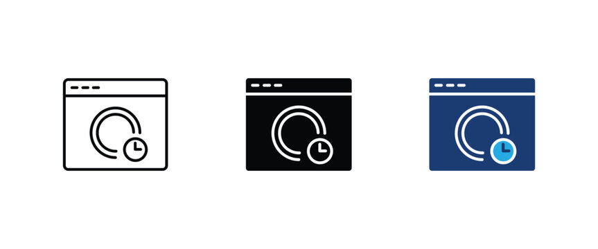 Website loading time icon, browser window spinner clock speed symbol. vector illustration