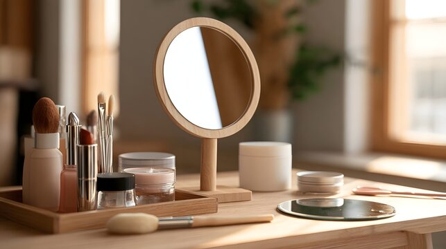 A wooden vanity table with a round mirror  makeup brushes  and cosmetic containers arranged neatly under soft natural light