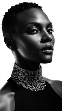 Black and White African Female Fashion Model Monochrome Portrait in Stylish Outfit and Elegant Necklace Jewelry Pose. Fictional Character Created by Generative AI.