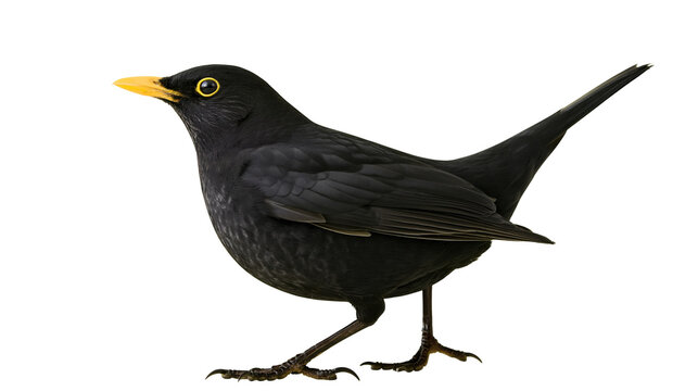 Adult male common blackbird with glossy black plumage and bright yellow beak