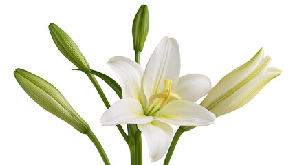 Fototapeta premium White lily flower in full bloom with green closed buds on stems