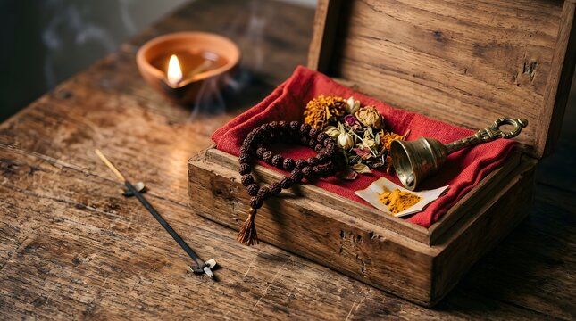 Mystical gypsy treasure chest with candles flowers and tarot cards