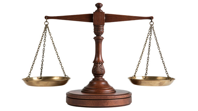 Antique wooden balance scale with brass pans and metal chains