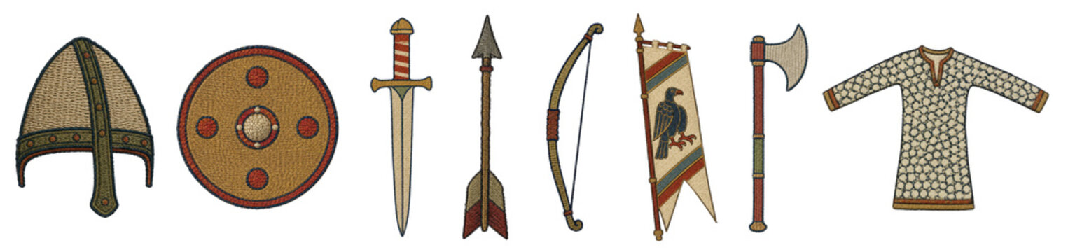 Medieval weapons and armour of the Norman conquest. Bayeux Tapestry style helmet, round shield, sword, bow, arrow, battle axe, banner and chainmail hauberk