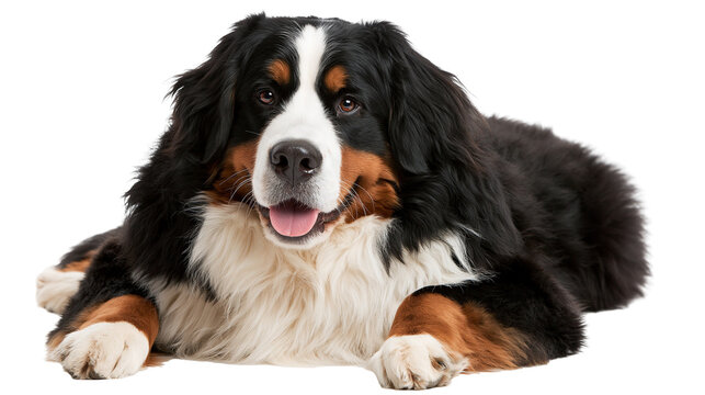 Bernese Mountain Dog lying down with tricolor fur and happy expression