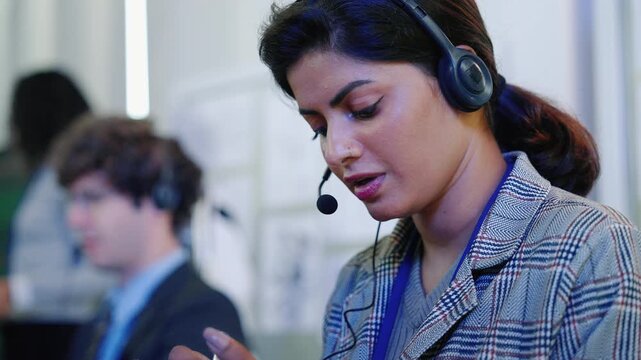 Professional customer service agent wearing a headset and working with a smartphone in a modern office environment, representing customer support, business communication, and digital workplace service