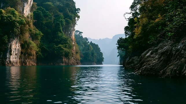 A serene river flows between towering  forested cliffs under a soft  hazy sky  creating a tranquil natural canyon scene