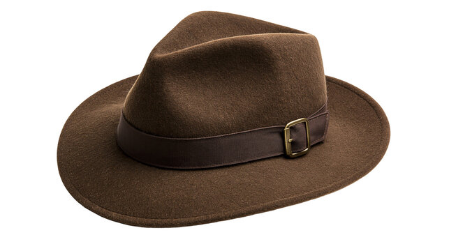 Classic brown felt fedora hat with dark ribbon band and metal buckle