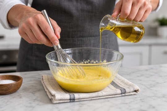 Hands whisking oil into an egg mixture in a glass bowl