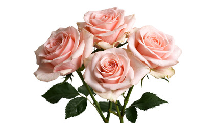 Fototapeta premium Bouquet of four soft pastel pink roses with green leaves and stems